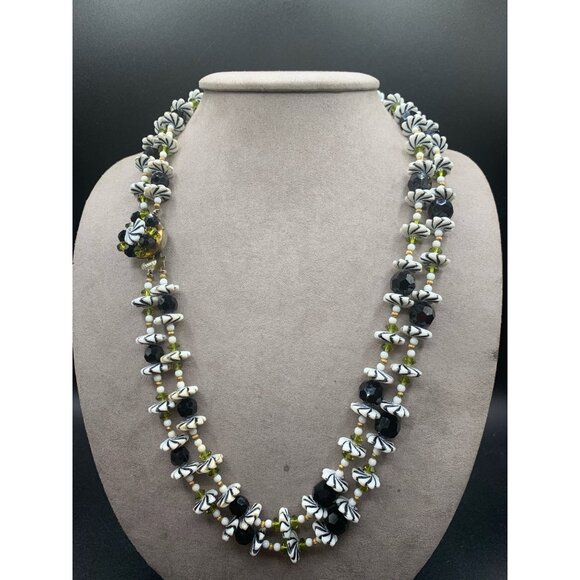 Double Strand Retro Necklace Flower Beads Plastic Glass Green White Black Gold - Picture 5 of 10
